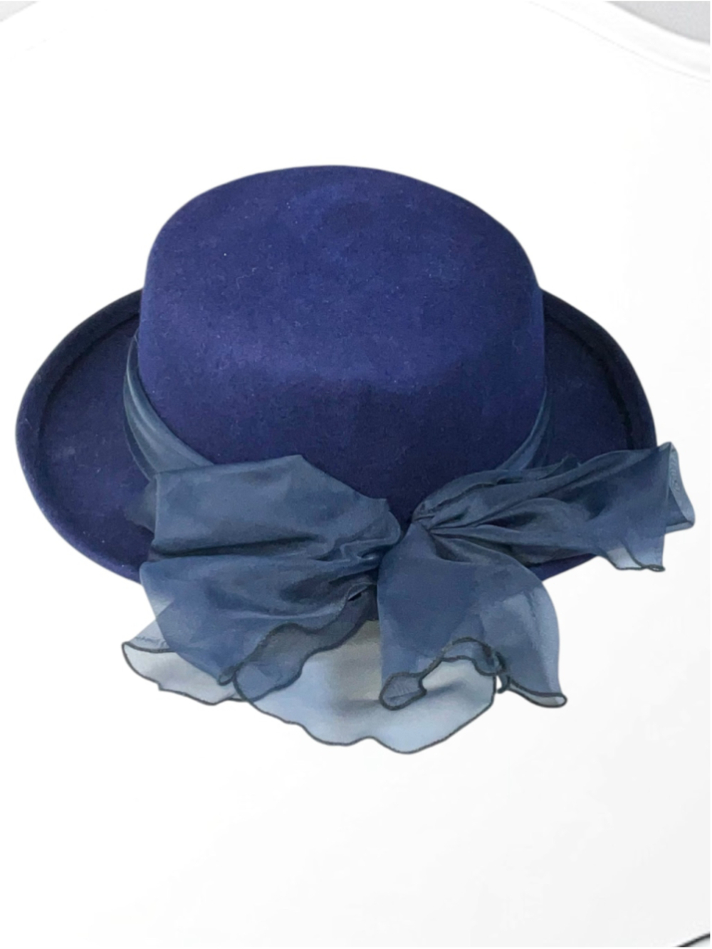 Vintage Arlin Navy Blue 100% Wool Wide Brim Hat w Sheer Bow Made in USA Women